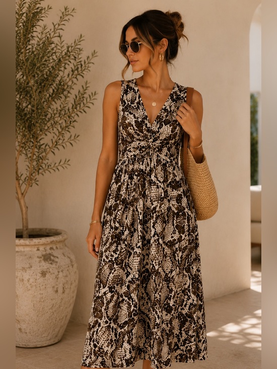 Chico's Dresses & Skirts - Chico’s Brown Snakeskin Print Sleeveless Midi Dress Size 3 XL Twist Front